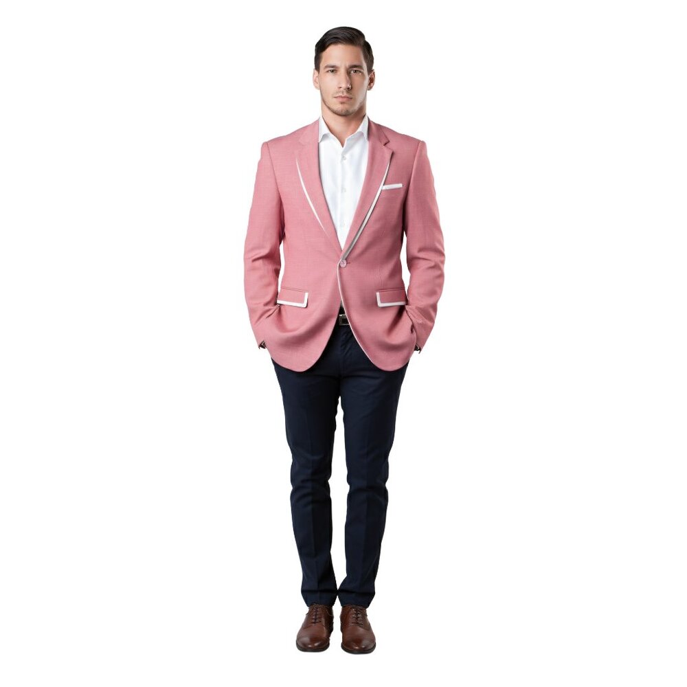 Luxurious Men's Salmon Pink Suit Jacket With White Trim - Picture 3 of 5